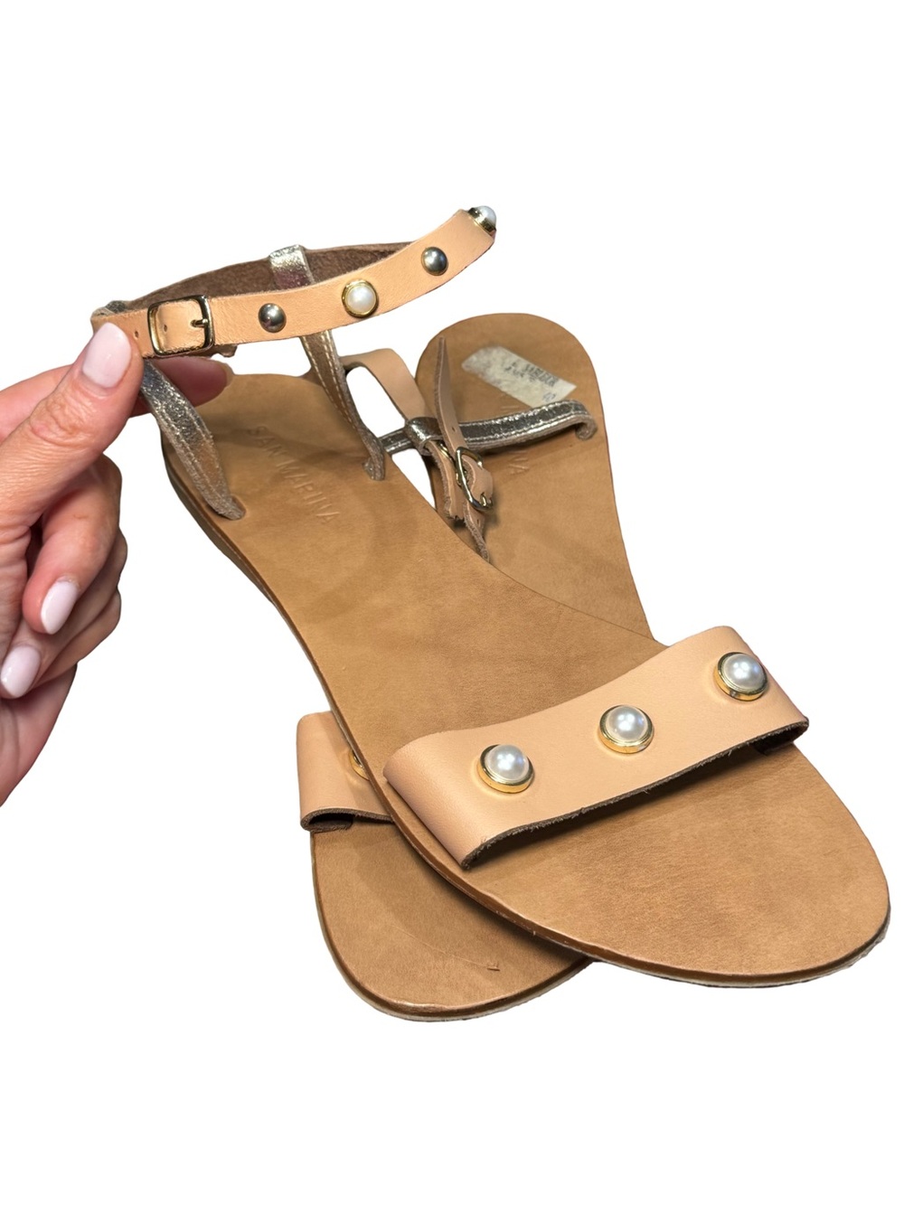 Authentic Handmade Leather Sandals (purchased in‎ ROME, Italy) Nude Pearl-Stud